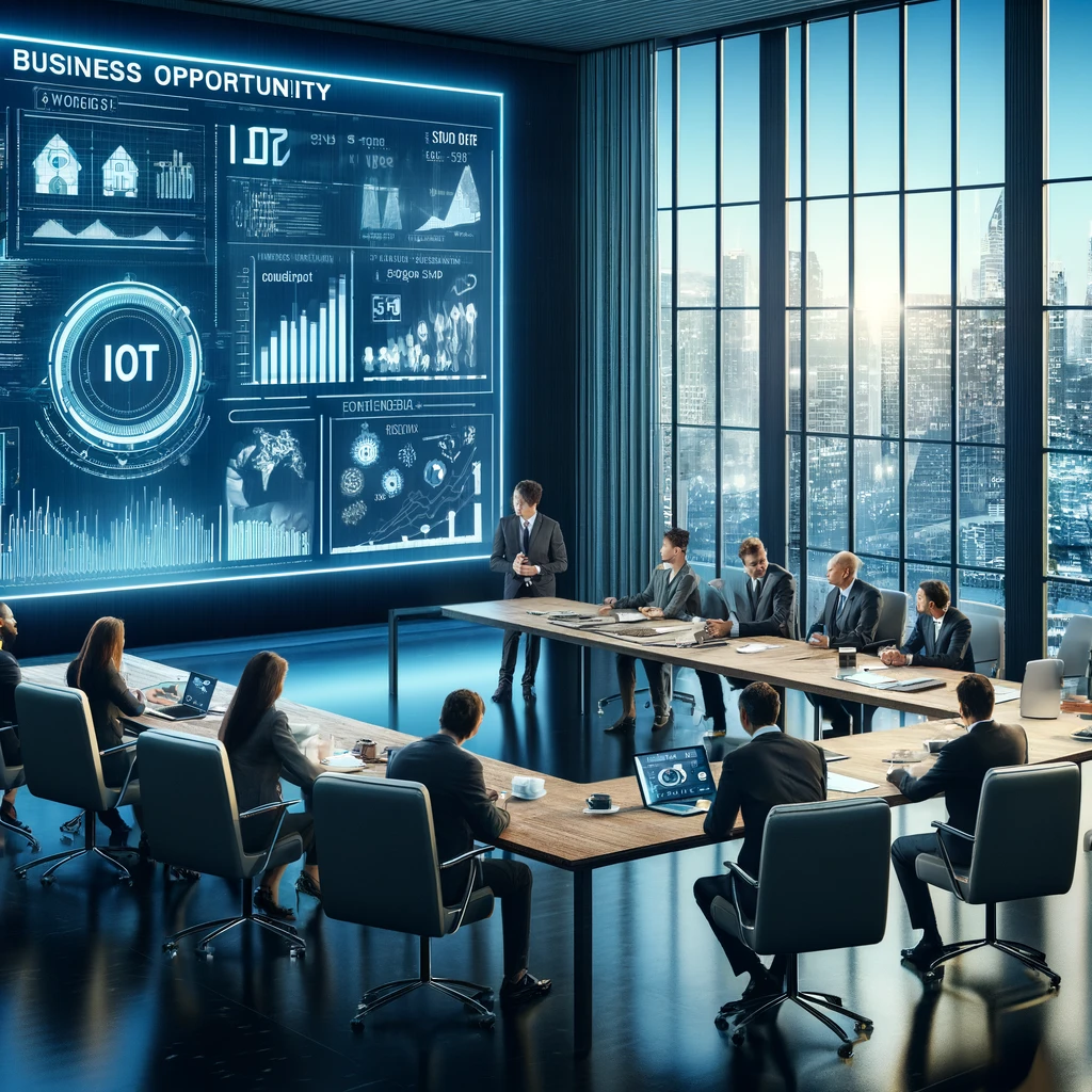 a group of people in suits gather around a large projection screen that reads 'Business Opportunity'